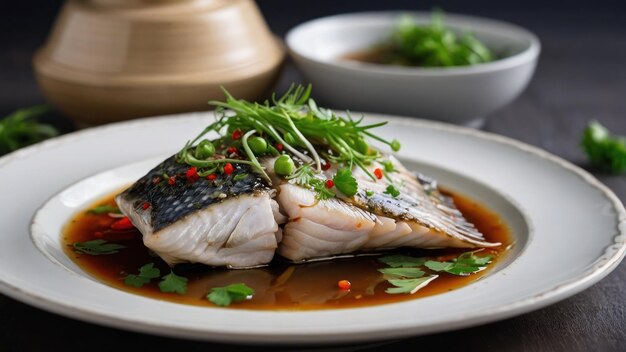 Photo a plate of succulent steamed fish garnished with fresh herbs and soy sauce