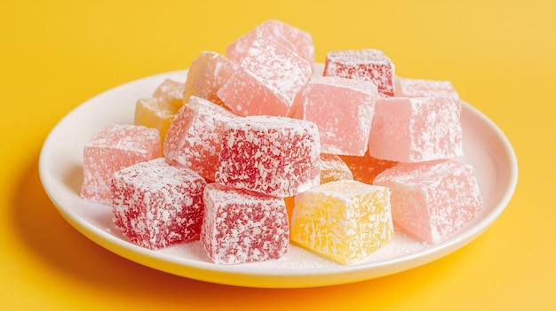 a plate of sugar cubes with a yellow background