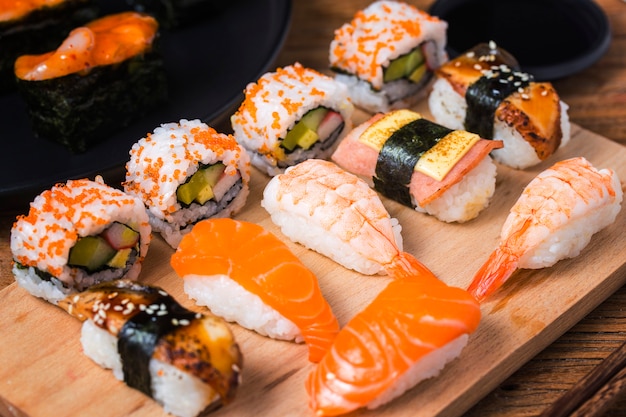 A plate of sushi on the board, Japanese food