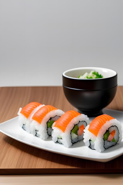 a plate of sushi and a bowl of rice with a bowl of sushi