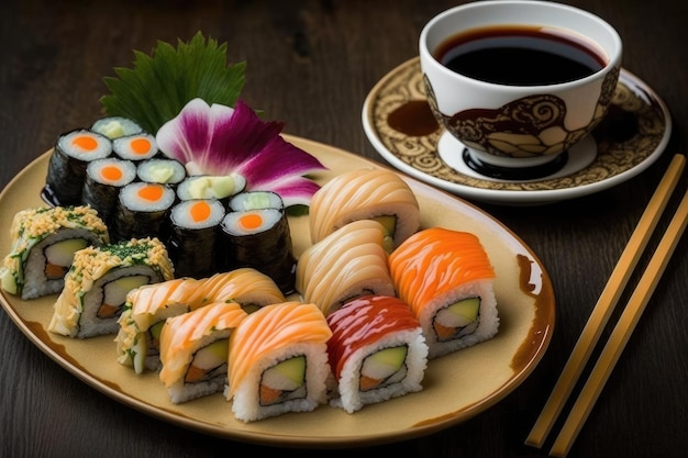 A plate of sushi and a cup of coffee