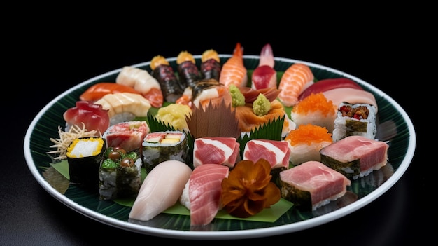 A plate of sushi is shown on a black background.