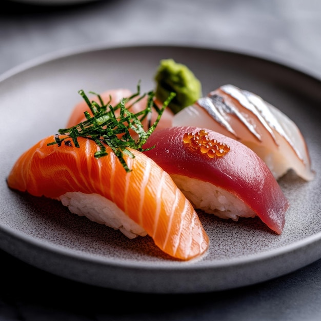 Photo a plate of sushi nigiri showcasing a variety of fresh fish topped with wasabi