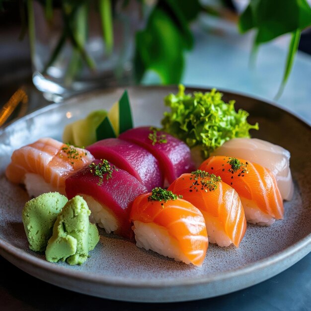 Photo a plate of sushi nigiri showcasing a variety of fresh fish topped with wasabi