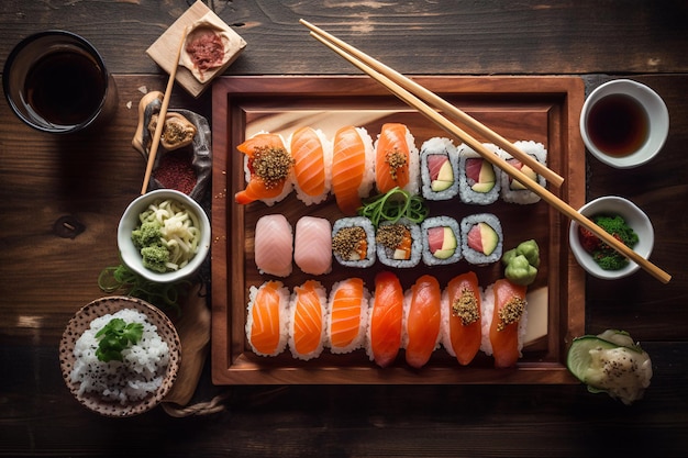 A plate of sushi and other food including sushi and other food items.