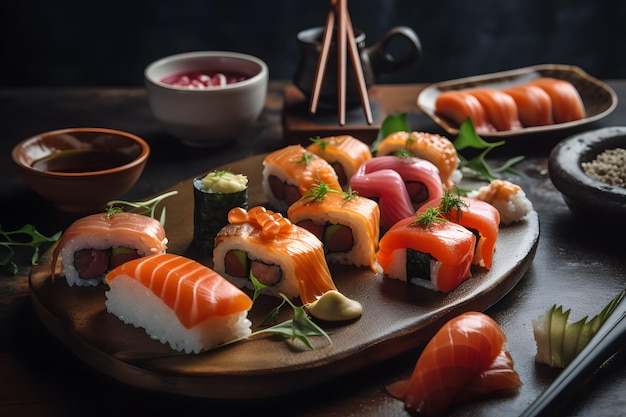 A plate of sushi and other food on a table