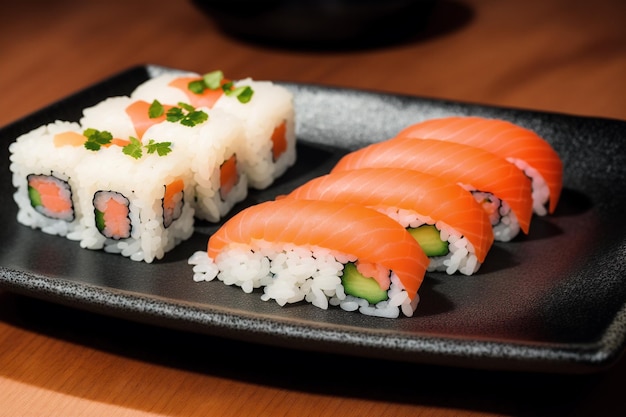 A plate of sushi and a roll with salmon