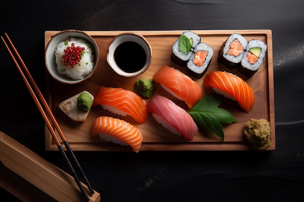 A plate of sushi and rolls with a green leaf on it