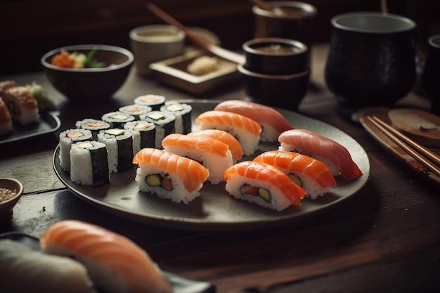 A plate of sushi and rolls with a plate of sushi on it