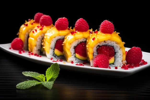 a plate of sushi rolls with raspberries and a leaf