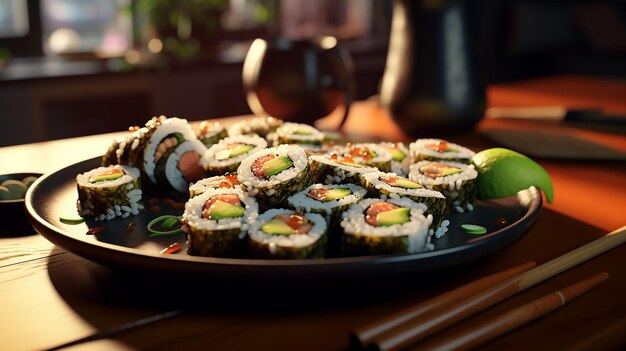 A plate of sushi rolls with soy sauce and wasabi depth of field control method