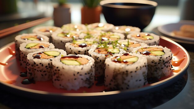 A plate of sushi rolls with soy sauce and wasabi depth of field control method