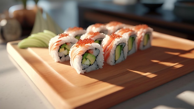 A plate of sushi rolls with soy sauce and wasabi depth of field control method