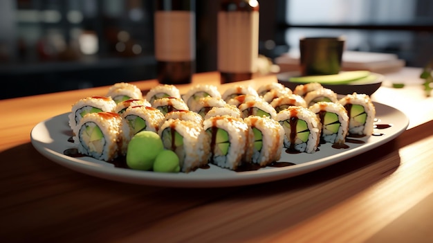 A plate of sushi rolls with soy sauce and wasabi depth of field control method