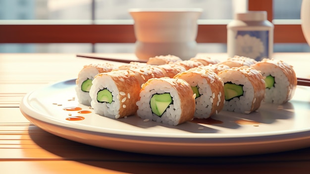 A plate of sushi rolls with soy sauce and wasabi depth of field control method