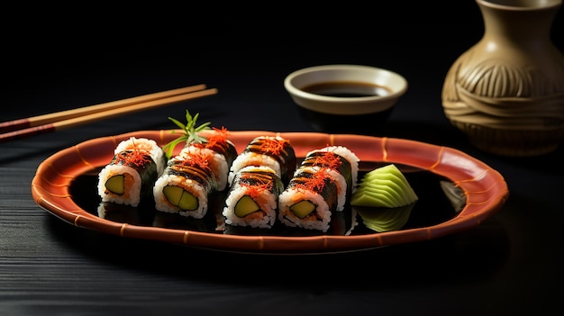 A plate of sushi rolls with soy sauce and wasabi depth of field control method