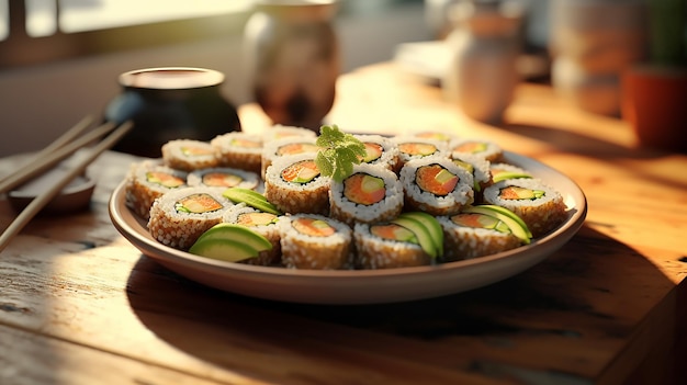 A plate of sushi rolls with soy sauce and wasabi depth of field control method