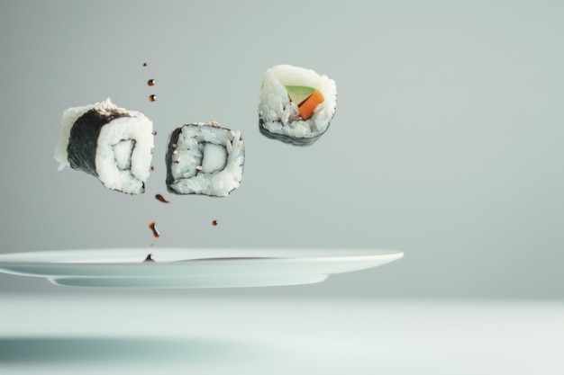 Photo a plate of sushi rolls with soy sauce and wasabi hovering in midair copy space