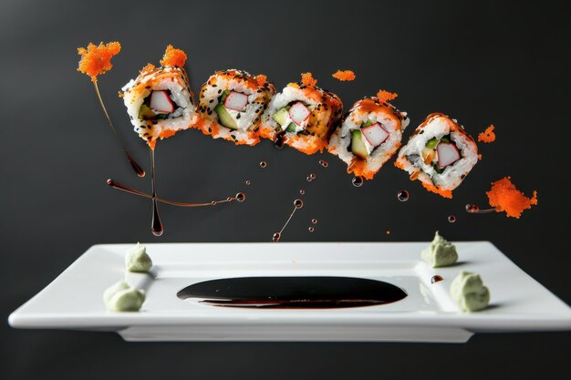 Photo a plate of sushi rolls with soy sauce and wasabi hovering in midair