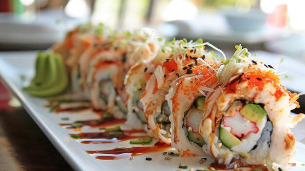 Photo a plate of sushi rolls with a variety of vegetables