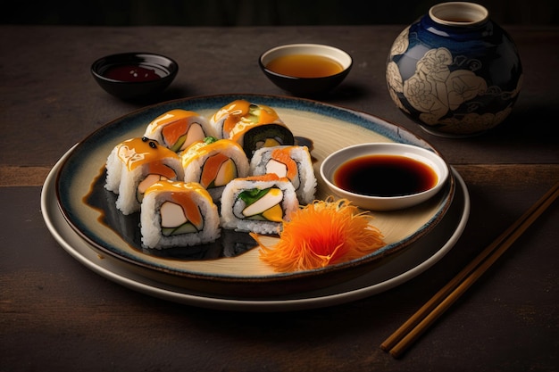 A plate of sushi and sauces with a blue vase on the table.