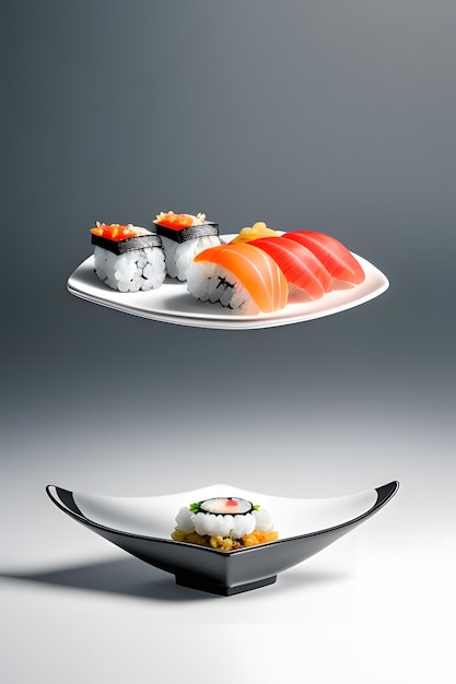 a plate of sushi and sushi on a white plate