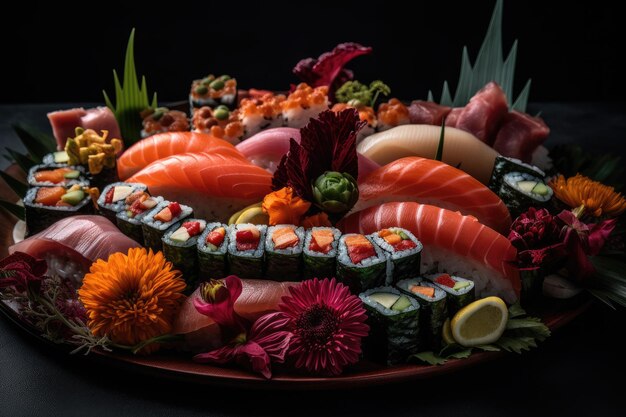 Plate of sushi on table with flowers Generative Ai