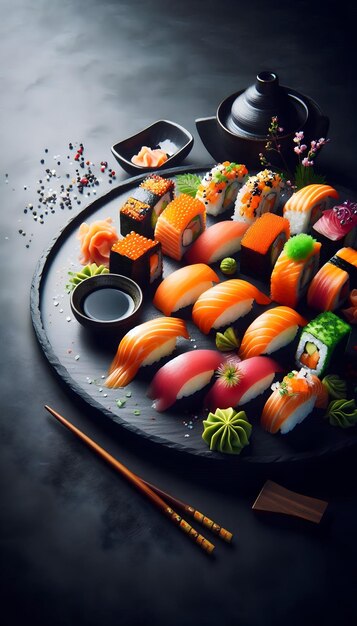 Photo a plate of sushi with a black container and some other sushi