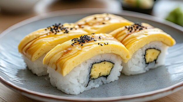 a plate of sushi with a black pepper on it