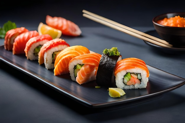 A plate of sushi with a bowl of chopsticks