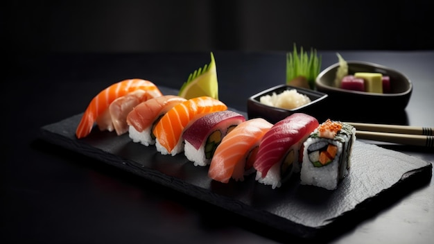 A plate of sushi with a bowl of rice and a bowl of green vegetables