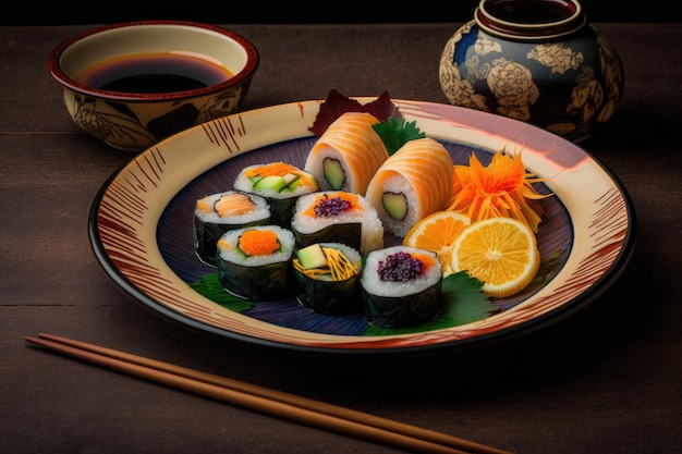 A plate of sushi with a cup of tea on the side