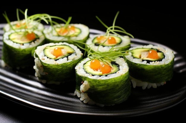 a plate of sushi with an egg on it