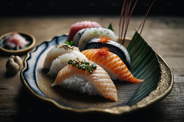 A plate of sushi with a green garnish on top