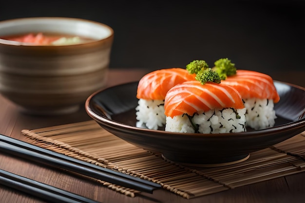 A plate of sushi with a green herb on it