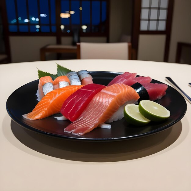 a plate of sushi with a knife and some sushi on it