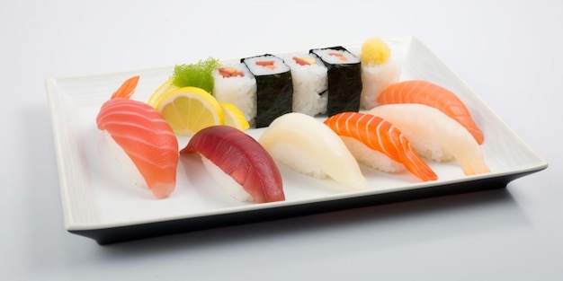 A plate of sushi with a lemon slice on it