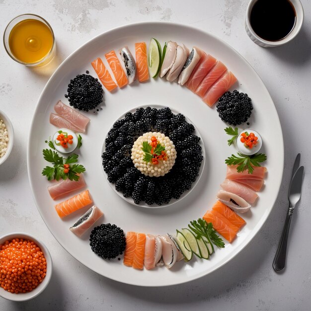 Photo a plate of sushi with a picture of a circle of sushi on it