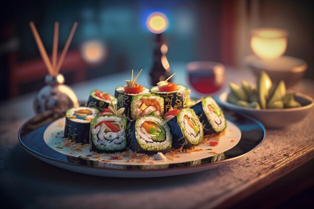 A plate of sushi with a plate of sushi on it