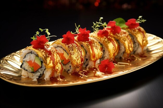 a plate of sushi with a red flower on it