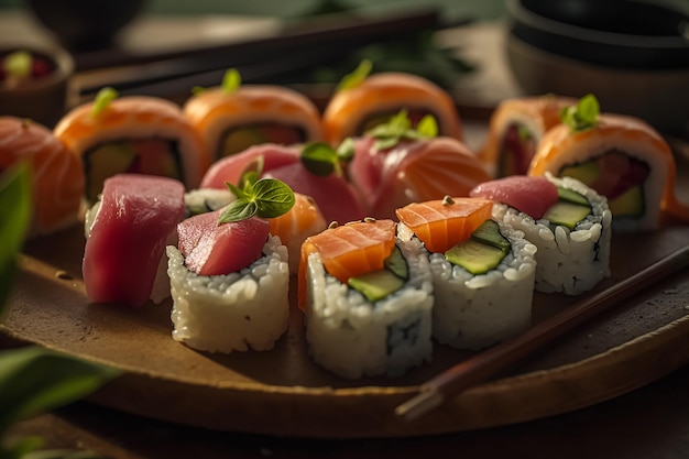 A plate of sushi with salmon on it Generative AI