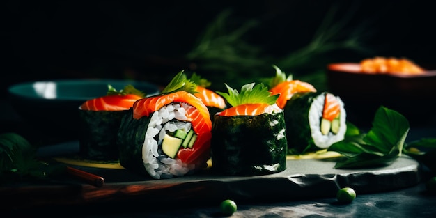 A plate of sushi with salmon on it