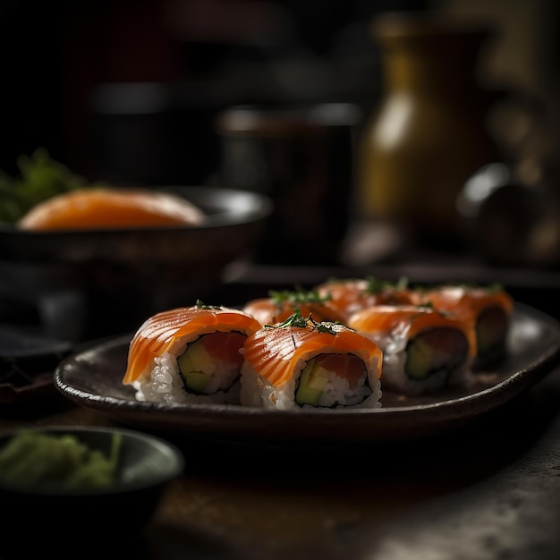 A plate of sushi with salmon on it