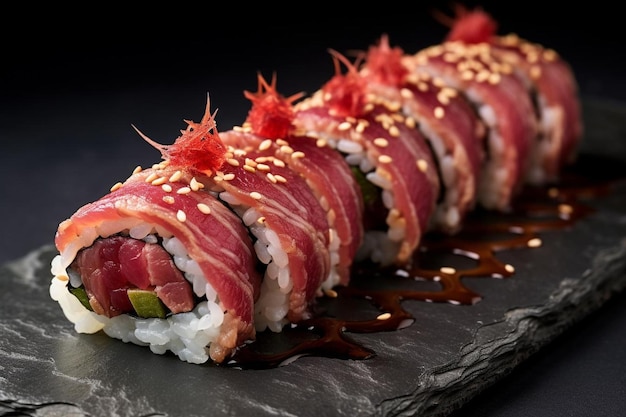 a plate of sushi with sesame seeds and sesame seeds