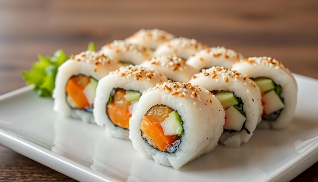 Photo a plate of sushi with sesame seeds and sesame seeds