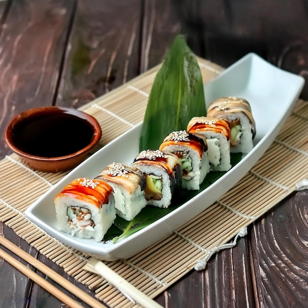 a plate of sushi with a small bowl of shoyu sauce