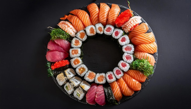 Photo a plate of sushi with sushi on it is decorated with sushi