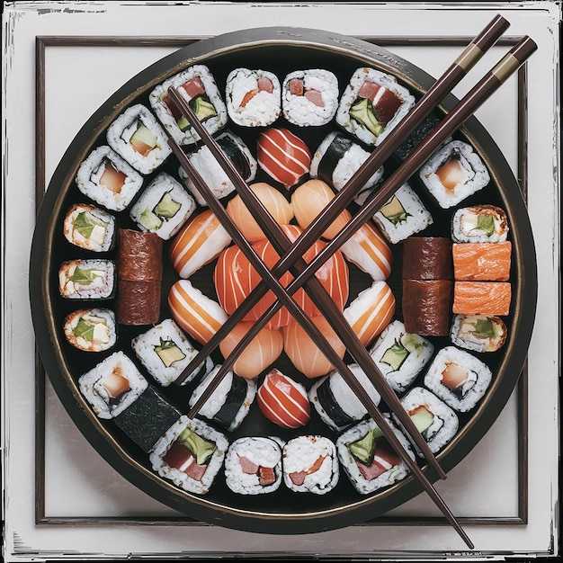 a plate of sushi with sushi on it with chopsticks on it