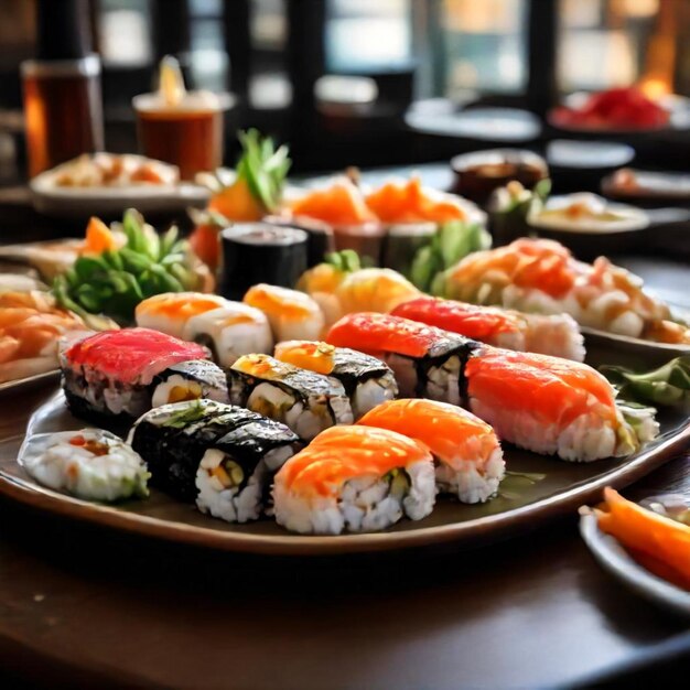 a plate of sushi with sushi and sushi on it