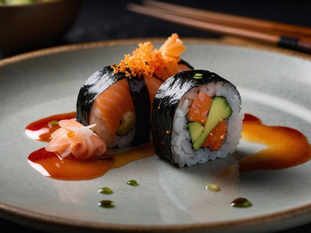 a plate of sushi with sushi and sushi on it